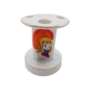 Mod Toothbrush Holder Kitschy Girl 4 Hole Vintage white Gold Tone Trim
